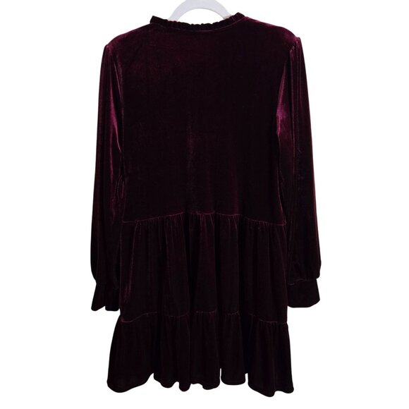 1. State Burgundy Velvet Ruffled Balloon Sleeve Tiered Dress Holiday Size L - Picture 3 of 8